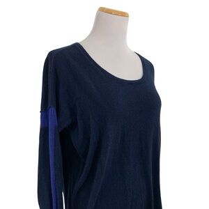 Athleta Fine Merino Wool Pullover Dress Navy Blue Stripe Down Arms Size M